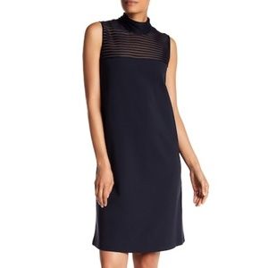 Lafayette 148 Navy Mock Neck Mesh Stripe Dress XL